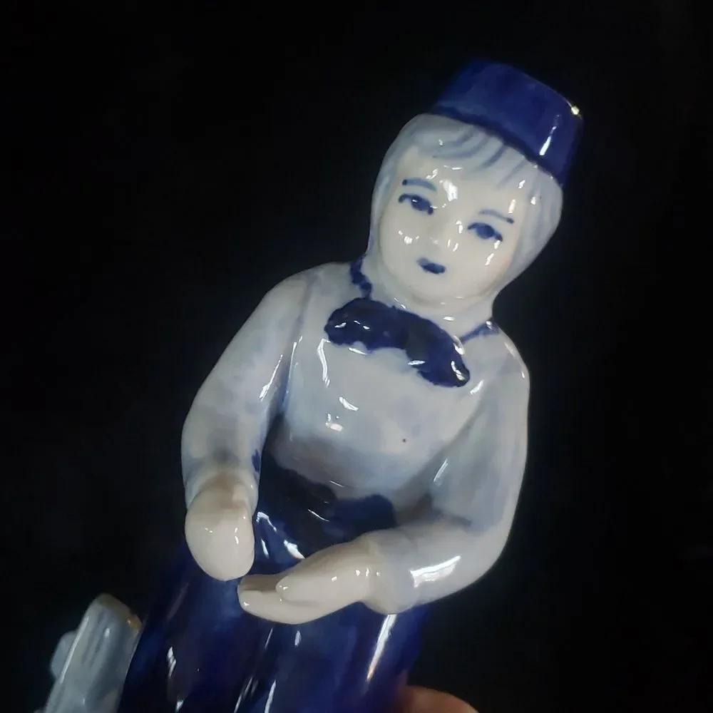 Vintage Handpainted Delft Blue Dutch Boy with Pig Porcelain Figurine